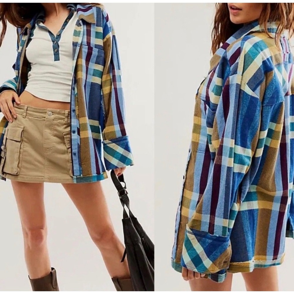 Free People We The Free So Long Summer Plaid Shacket Blue Yellow Large OB1597920